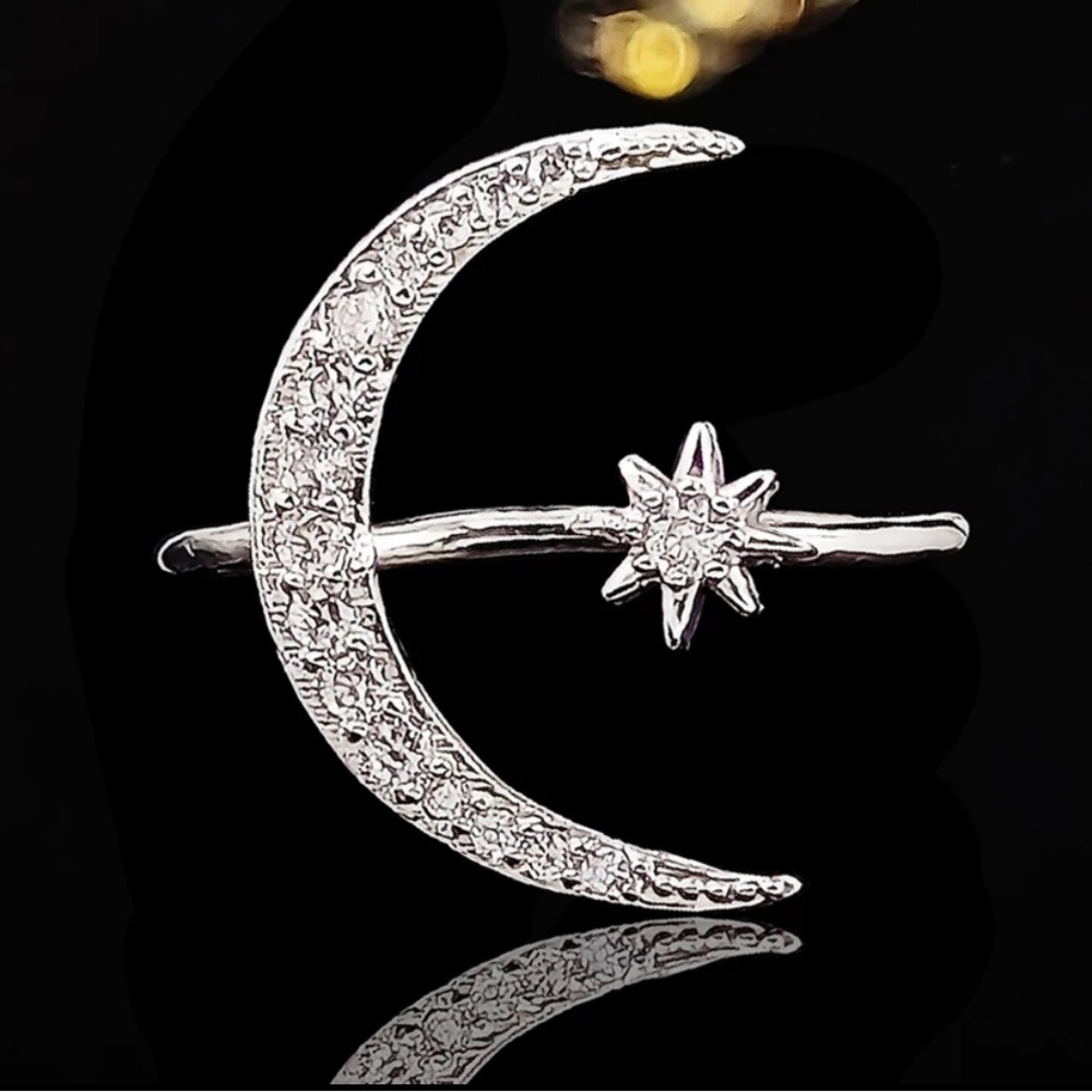 NEW MOON STAR 925 STERLING SILVER DIAMOND RING, CUTE RING, SHINY RING. - Picture 4 of 6